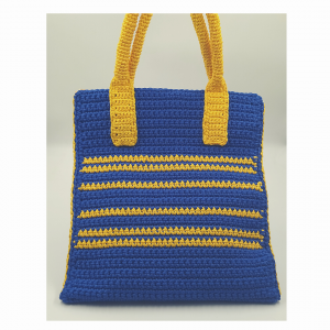 Χειροποίητη πλεκτή τσάντα tote bag σε μπλε και κίτρινο χρώμα