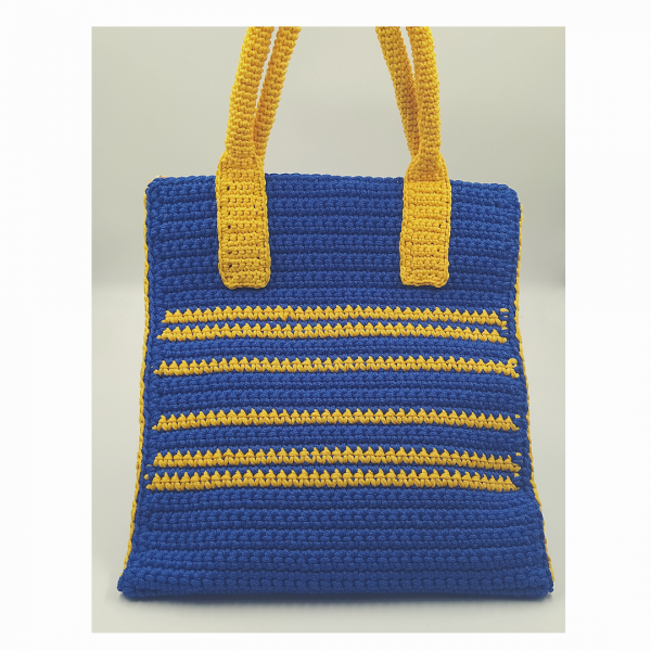 Χειροποίητη πλεκτή τσάντα tote bag σε μπλε και κίτρινο χρώμα